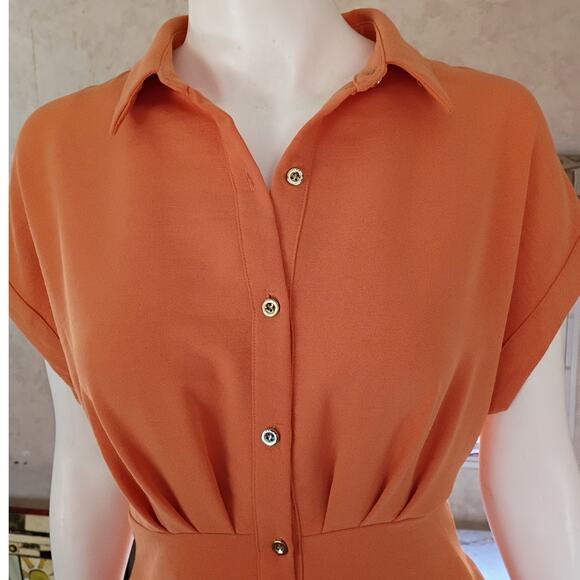Worthington PM Modest Tie Waist Button Shirt Dress Orange Career Work Petite - Picture 9 of 13
